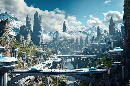 未来山城交通超现实场景3D建筑图片