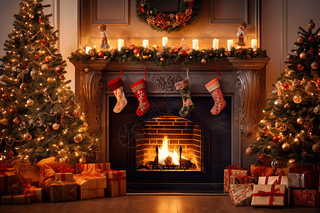 圣诞节日气氛圣诞树壁炉背景图片