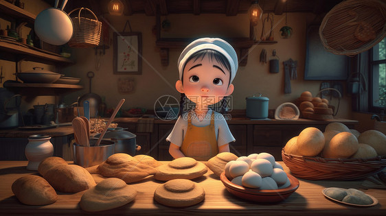 扎着两个小辫戴着帽子和3围裙的小女孩在厨房做面包图片