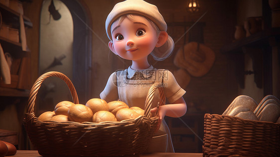 在厨房端着一篮子面包的可爱的女孩图片