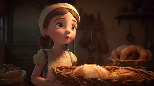 在厨房捧着一篮子面包的可爱的卡通小女孩图片