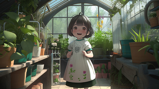 戴着白色围裙站在花房里可爱的小女孩图片