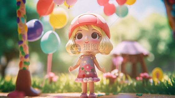 一个戴帽子的3D卡通小女孩站在公园图片
