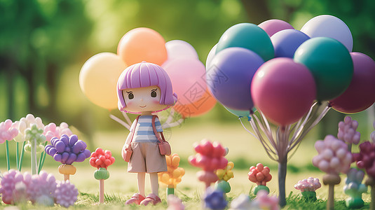 一个背包的小女孩站在满是气球的公园中图片
