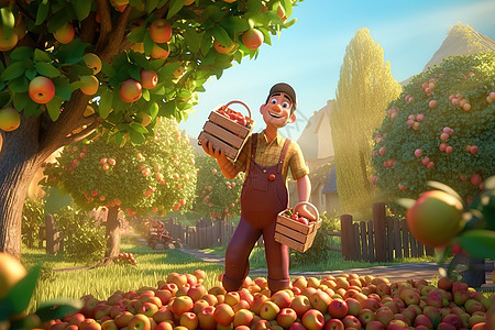 丰收季节农民采摘新鲜苹果3D场景图片
