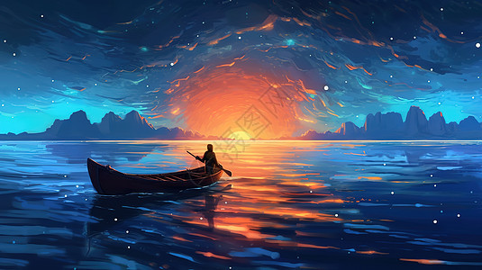 一个人在海上漂浮划船的夜景油画图片