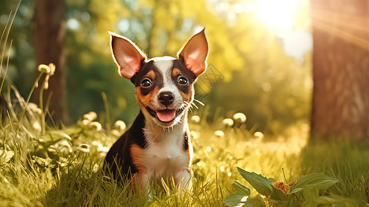 在公园里享受着夏日阳光明媚的小狗图片