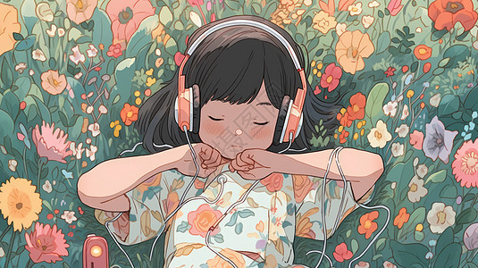 躺在花丛中听音乐的卡通小女孩图片