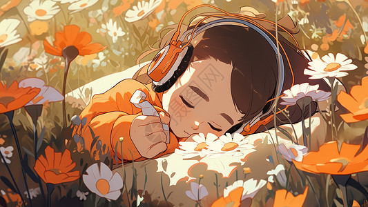 躺在花丛中戴耳麦听音乐的卡通小孩图片