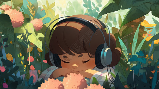 趴在花丛中听音乐的卡通小孩图片