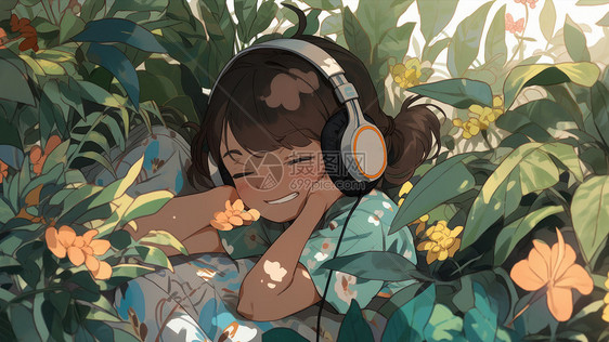 可爱的卡通小女孩在草丛中听音乐图片