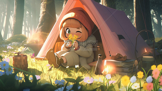 拿着花朵坐在粉色露营帐篷外的可爱的卡通小女孩图片