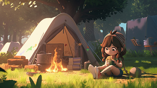 坐在露营帐篷外喝水的卡通小女孩图片