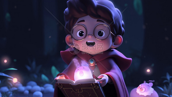 可爱的卡通小男孩拿着打开的魔法书图片