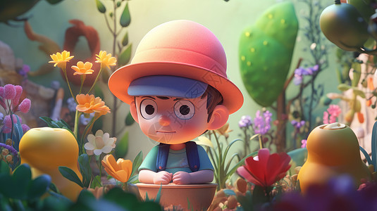在花园里观察植物戴帽子的卡通小男孩图片