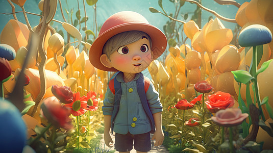 戴着帽子背着背包去花丛中徒步旅行的卡通小男孩图片