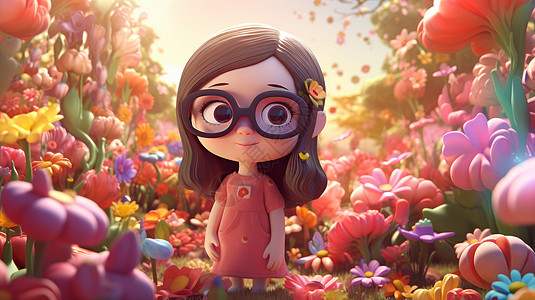 可爱的小女孩站在满是花朵的花园中高清图片