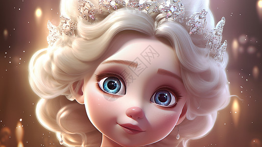 戴水晶皇冠的金色卷发小公主脸部特写图片