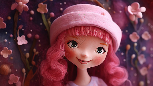 戴粉色帽子的长发女孩羊毛毡画背景图片