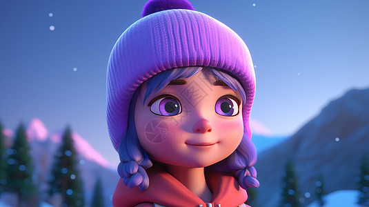 在雪地里戴着紫色毛线帽的可爱的卡通小女孩图片