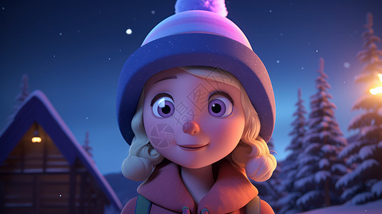 戴着紫色毛线帽站在雪地里的金发卡通小女孩图片