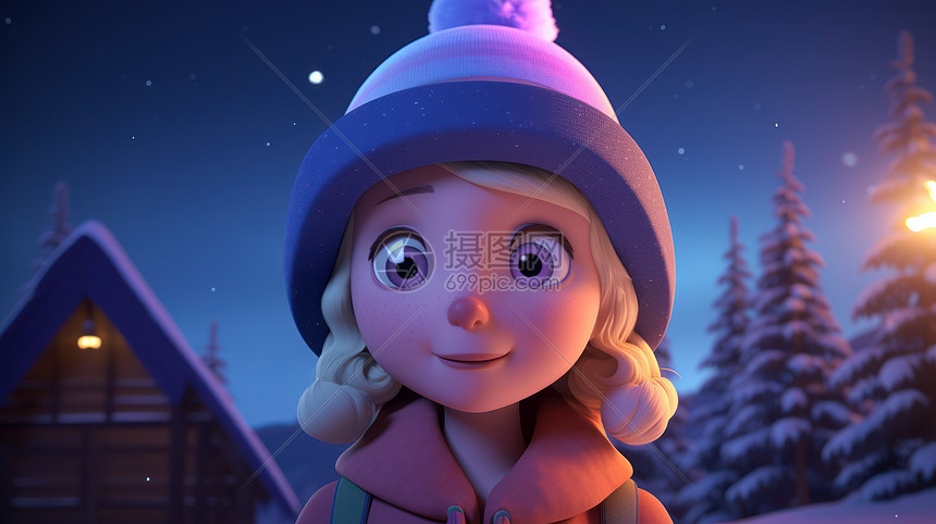 戴着紫色毛线帽站在雪地里的金发卡通小女孩图片