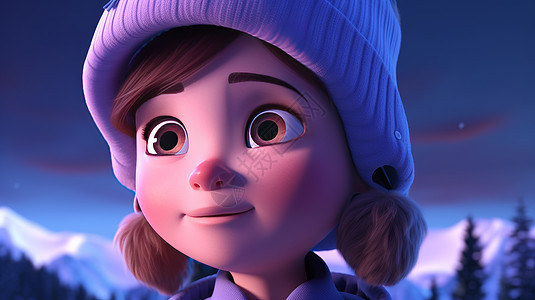 戴着紫色毛线帽看着远方的可爱的卡通小女孩图片