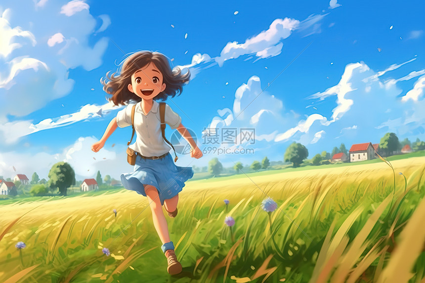 可爱的女孩在草原上奔跑插画图片