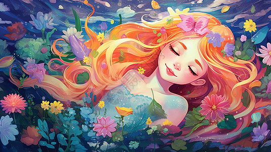 睡梦中长发女孩公主被花朵包围图片