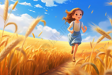 在成熟的麦田里快乐奔跑的小女孩图片