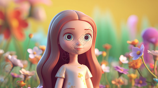 站在花丛中的长发可爱的卡通小女孩图片