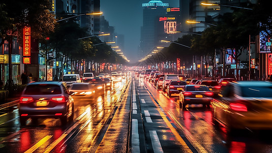 城市公路夜景幻想的夜晚灯光下公路上的拥堵的汽车插画