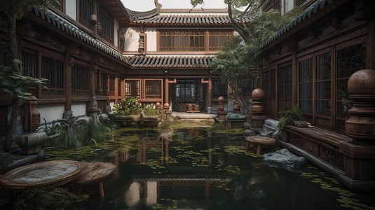 中式古代大户人家木质楼房庭院徽派建筑背景图片