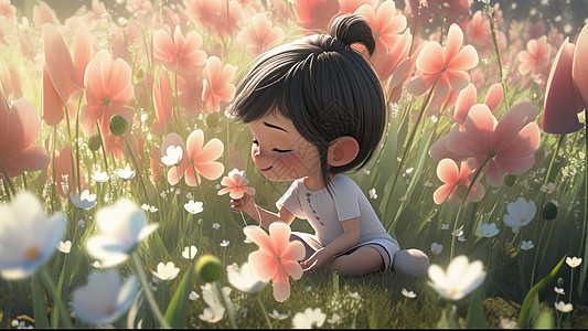 坐在花丛中闻花香的可爱的卡通小女孩图片