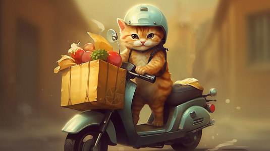 小猫骑着装满食物的摩托车配送插图图片