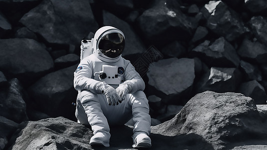 宇航员坐在黑色的石头图片