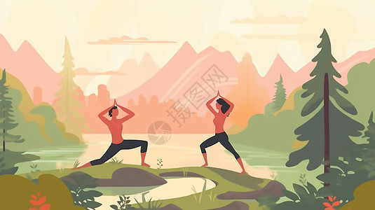 自然山景中瑜伽锻炼的卡通人物图画图片
