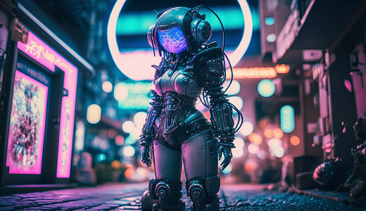 夜晚站在街道上的赛博朋克女性机器人图片