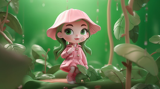 站在森林中穿粉色衣服的立体卡通小女孩背景图片