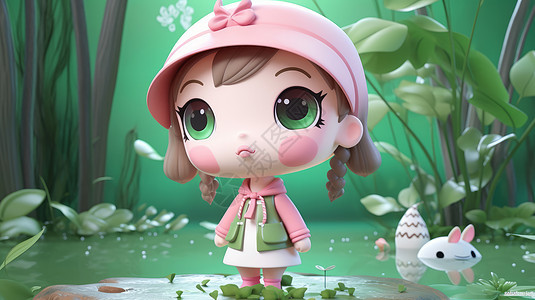 站在岩石上在绿色的森林中戴粉色帽子的卡通小女孩图片