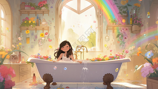 浴室里满满的花朵可爱的长发卡通小女孩在浴缸里嬉戏图片