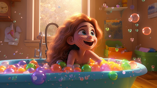 在满是彩色泡泡球的浴缸中嬉戏玩耍的长发卷发小女孩图片