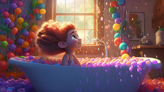 在满是彩色泡泡的浴室中的可爱的立体卡通小女孩数字艺术图片