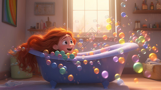 彩虹泡泡可爱的长发卷发卡通女孩开心的在浴缸里玩耍插画