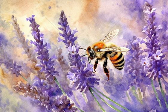 薰衣草上采蜜的小蜜蜂水彩画图片
