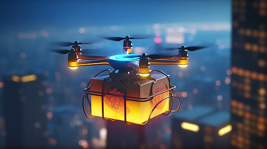 未来主义城市上空飞翔的运输物品的无人机图片
