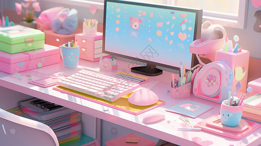 粉色梦幻电脑桌图片
