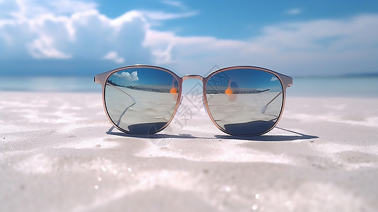 夏季白色沙滩上太阳镜反射出度假岛上加勒比海图片