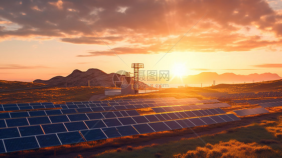 夕阳下大面积太阳能电板新能源发电厂图片