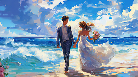 一对情侣在湛蓝的海边拍婚纱照图片